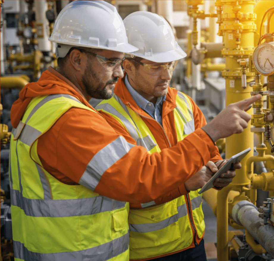Oil and gas engineers inspecting well equipment at a production facility